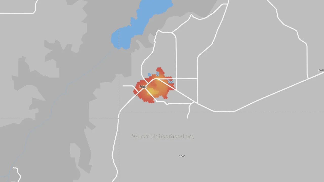 Walk Grade map of 79036, TX, walkable areas in green and car-dependent areas in red