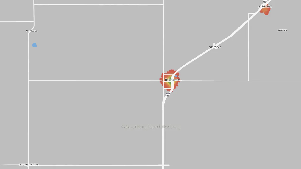 Walk Grade map of 79041, TX, walkable areas in green and car-dependent areas in red