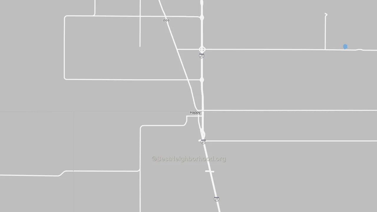 Walk Grade map of 79042, TX, walkable areas in green and car-dependent areas in red