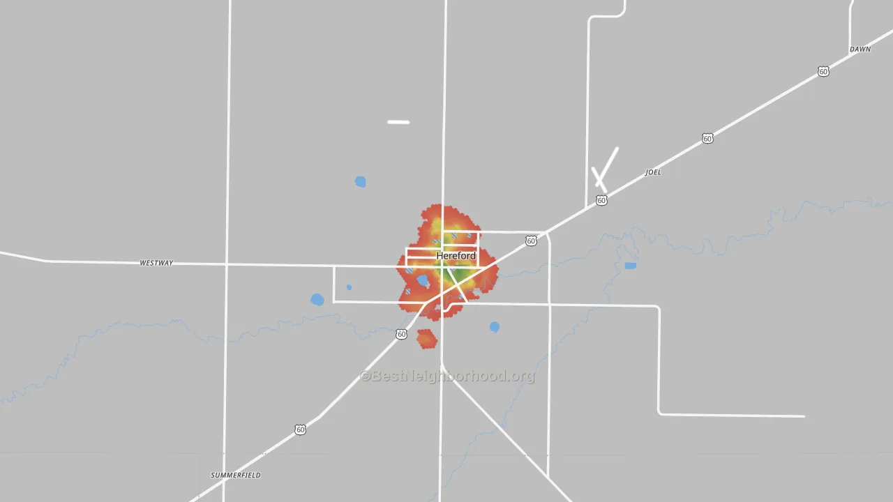 Walk Grade map of 79045, TX, walkable areas in green and car-dependent areas in red