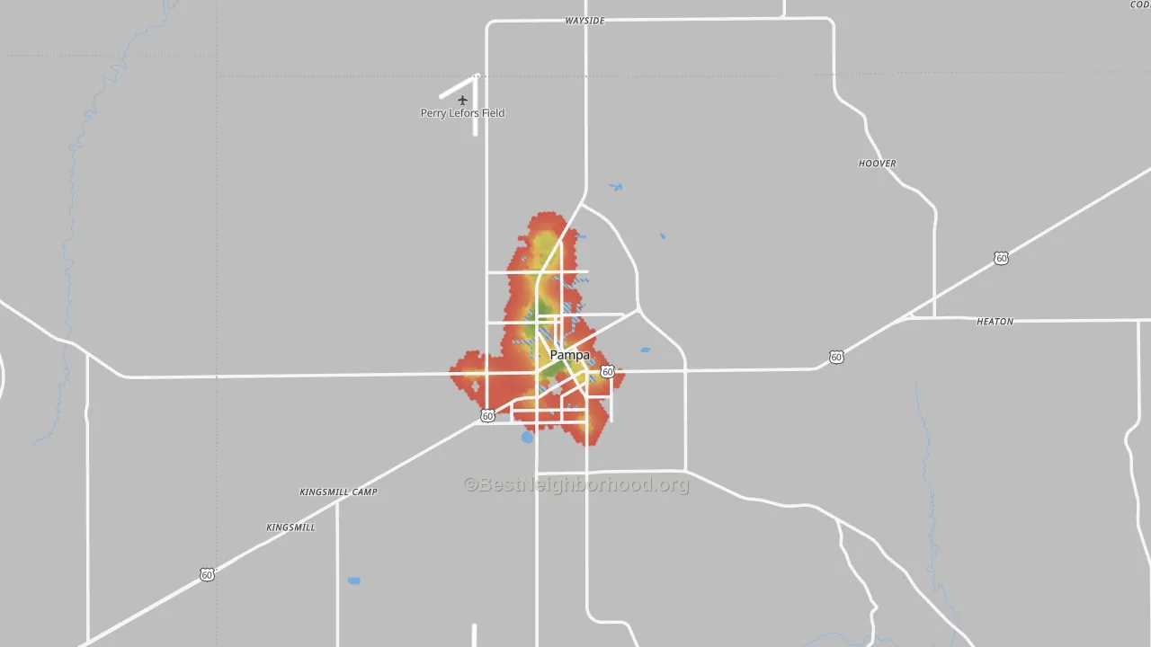 Walk Grade map of 79065, TX, walkable areas in green and car-dependent areas in red