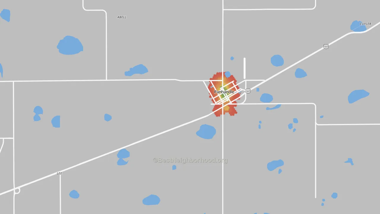 Walk Grade map of 79068, TX, walkable areas in green and car-dependent areas in red