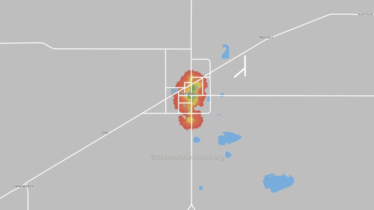 Walk Grade map of 79070, TX, walkable areas in green and car-dependent areas in red
