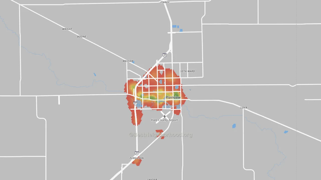 Walk Grade map of 79072, TX, walkable areas in green and car-dependent areas in red
