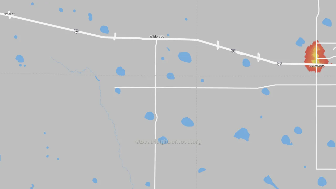 Walk Grade map of 79098, TX, walkable areas in green and car-dependent areas in red