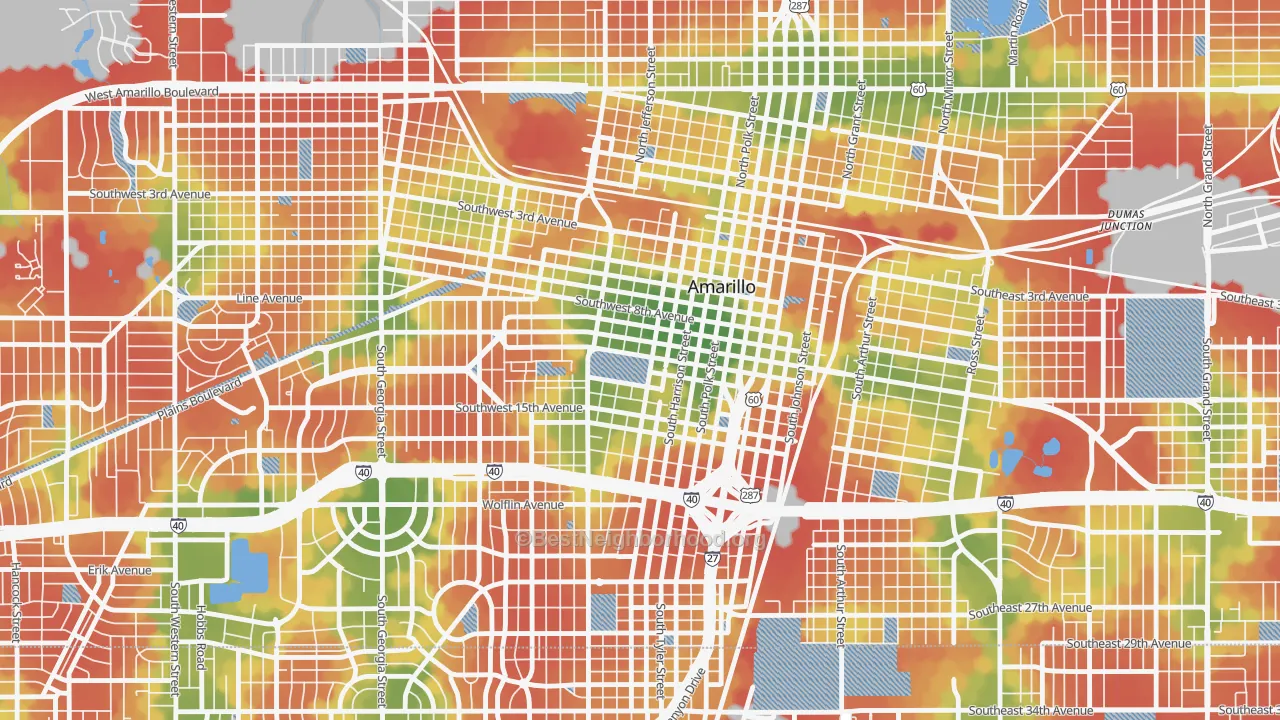 Walk Grade map of 79101, TX, walkable areas in green and car-dependent areas in red