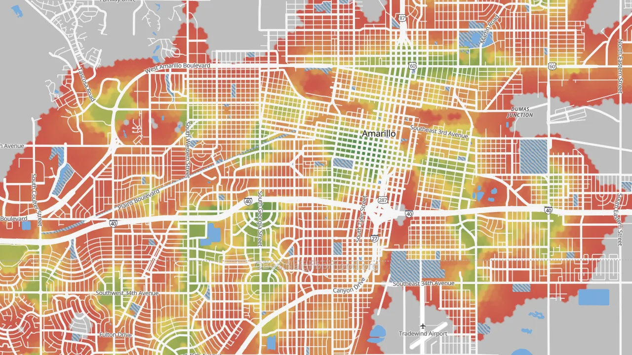 Walk Grade map of 79102, TX, walkable areas in green and car-dependent areas in red