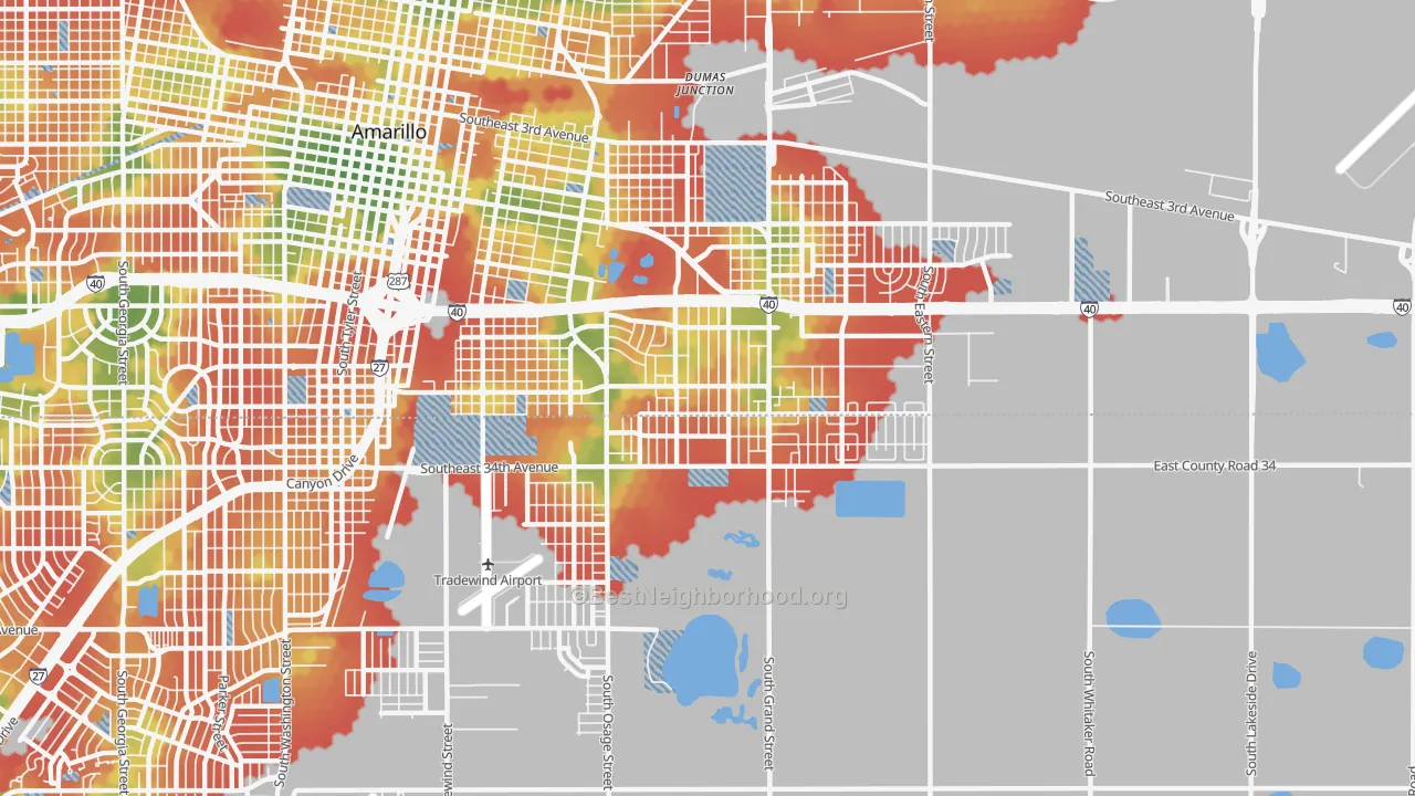 Walk Grade map of 79103, TX, walkable areas in green and car-dependent areas in red