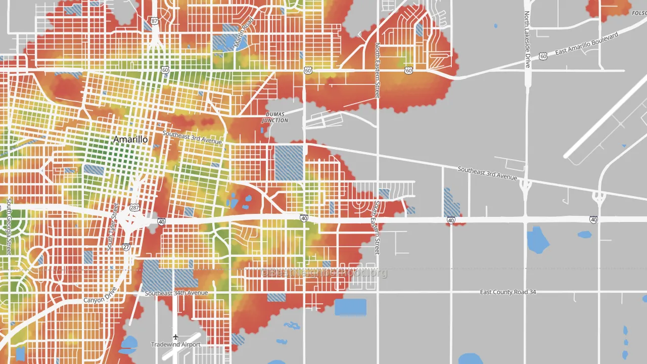 Walk Grade map of 79104, TX, walkable areas in green and car-dependent areas in red