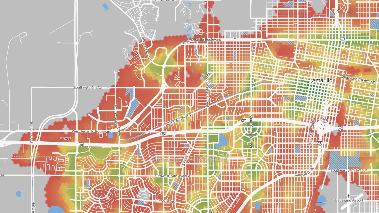 Walk Grade map of 79106, TX, walkable areas in green and car-dependent areas in red