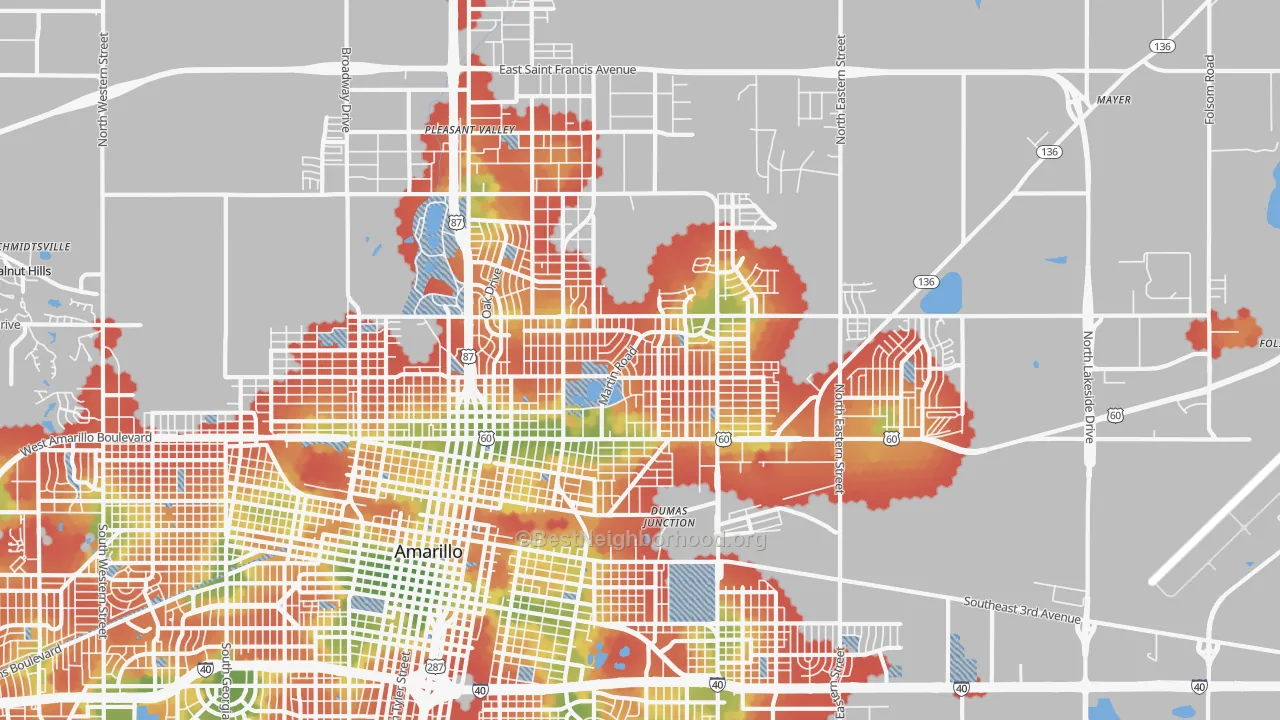 Walk Grade map of 79107, TX, walkable areas in green and car-dependent areas in red