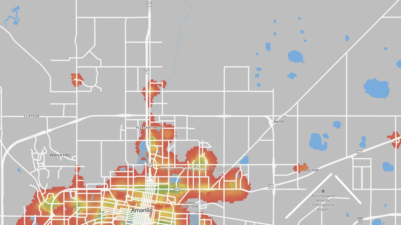 Walk Grade map of 79108, TX, walkable areas in green and car-dependent areas in red