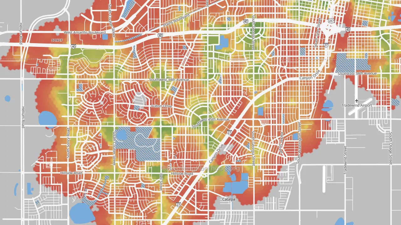 Walk Grade map of 79109, TX, walkable areas in green and car-dependent areas in red