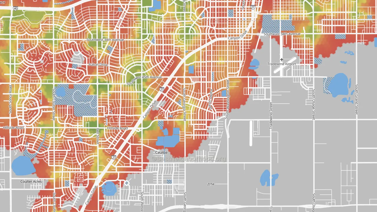 Walk Grade map of 79110, TX, walkable areas in green and car-dependent areas in red