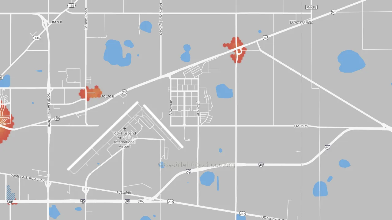 Walk Grade map of 79111, TX, walkable areas in green and car-dependent areas in red