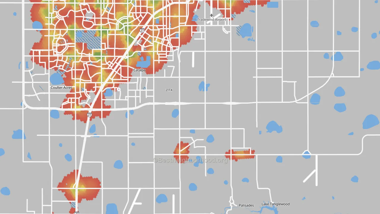 Walk Grade map of 79118, TX, walkable areas in green and car-dependent areas in red