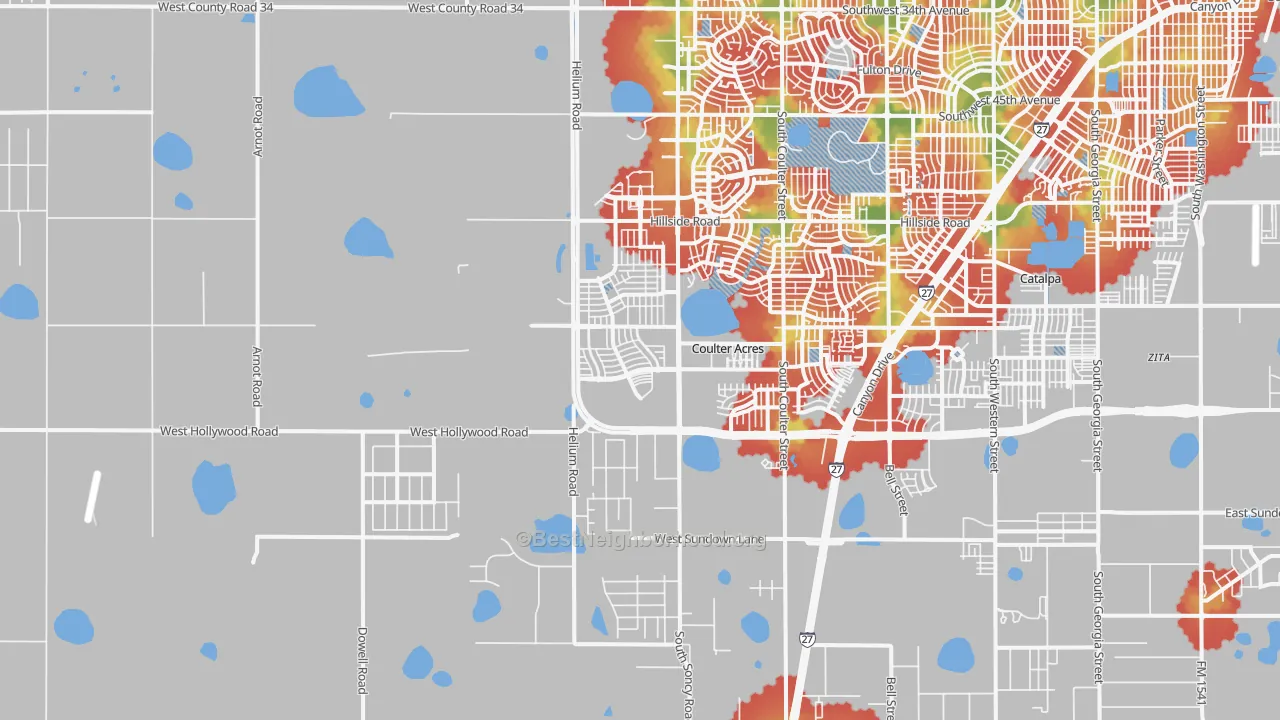 Walk Grade map of 79119, TX, walkable areas in green and car-dependent areas in red