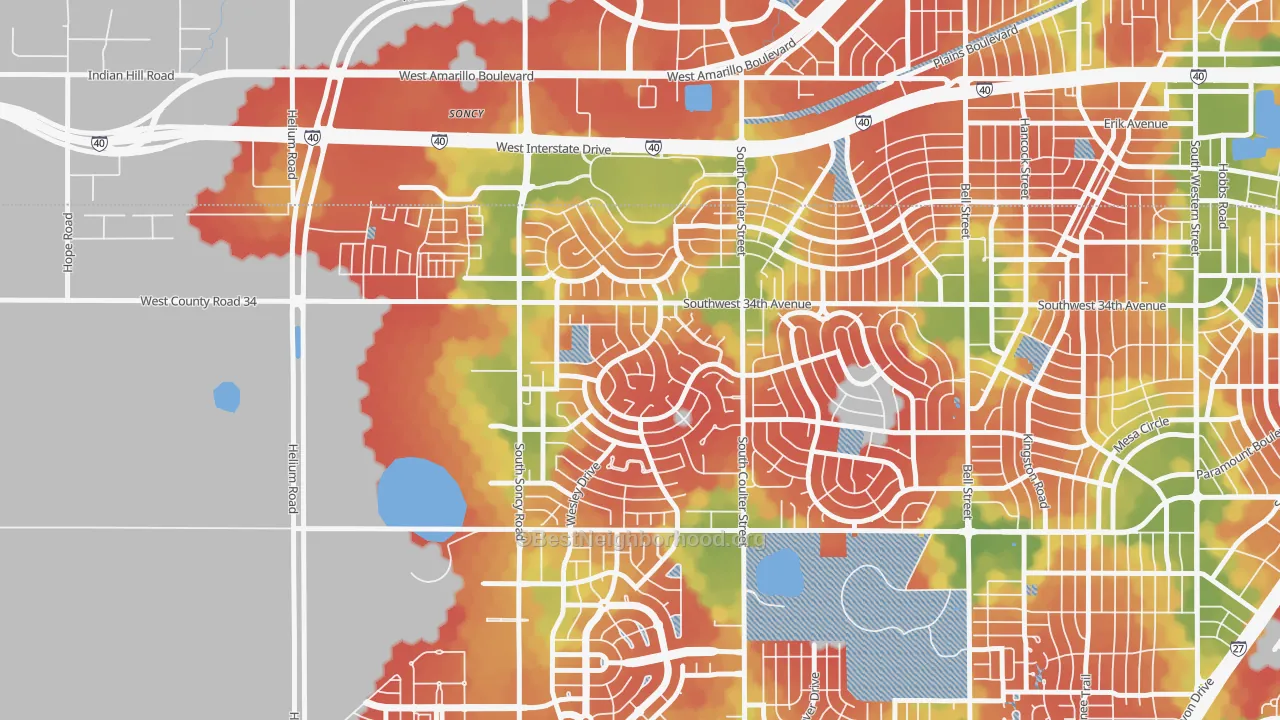 Walk Grade map of 79121, TX, walkable areas in green and car-dependent areas in red