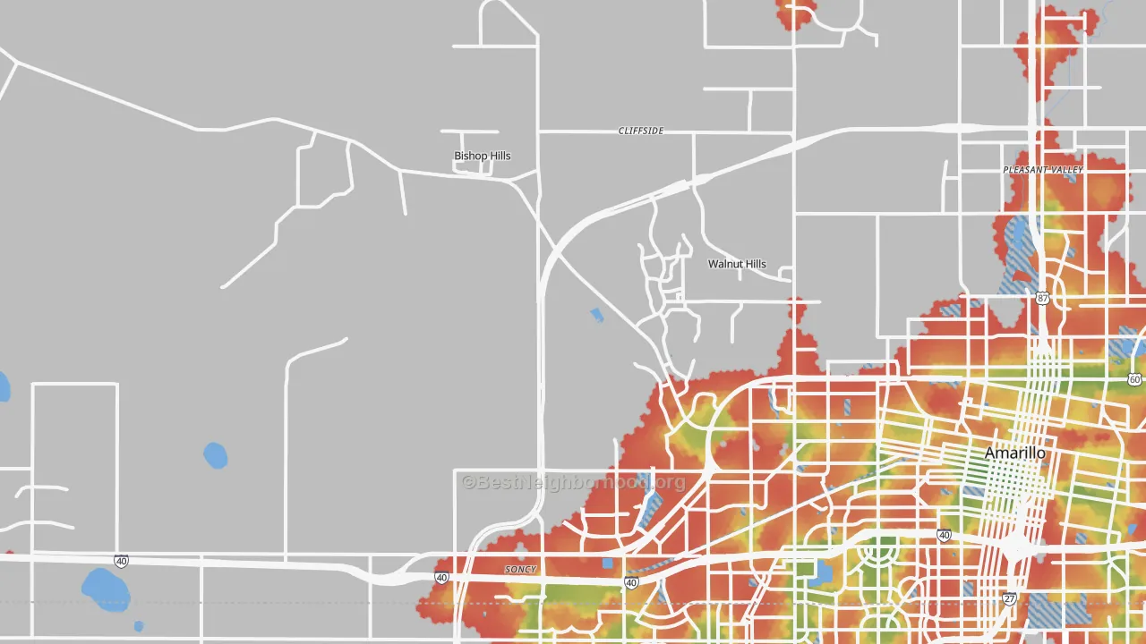 Walk Grade map of 79124, TX, walkable areas in green and car-dependent areas in red