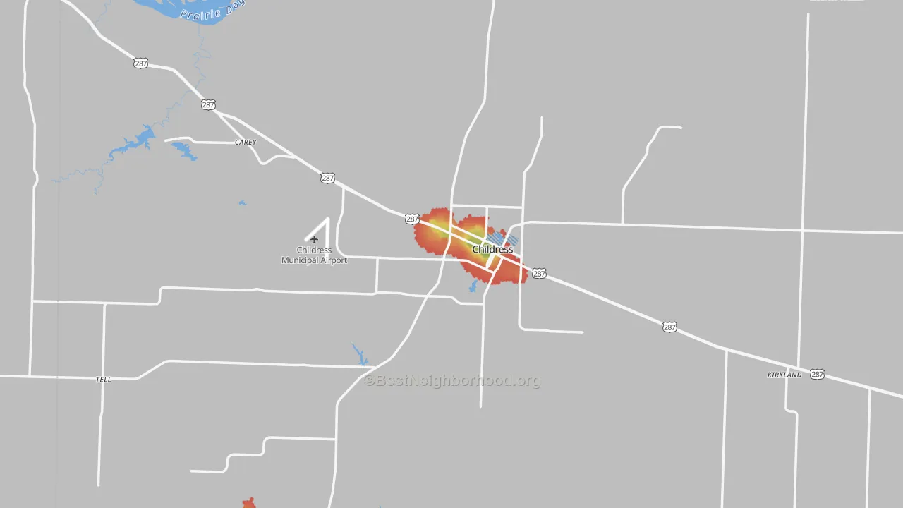 Walk Grade map of 79201, TX, walkable areas in green and car-dependent areas in red
