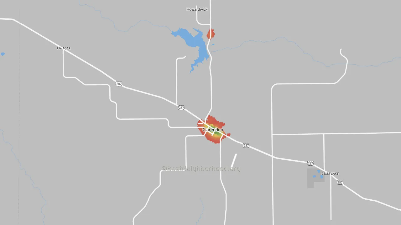 Walk Grade map of 79226, TX, walkable areas in green and car-dependent areas in red