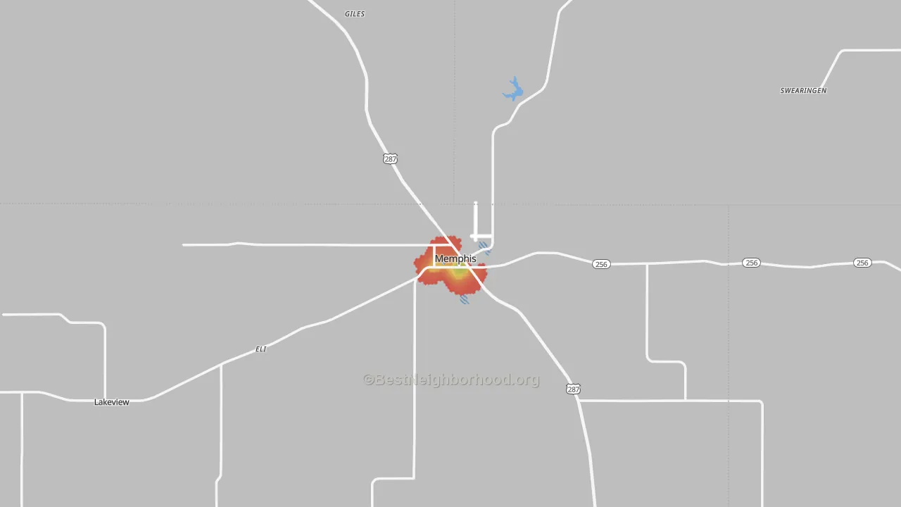 Walk Grade map of 79245, TX, walkable areas in green and car-dependent areas in red