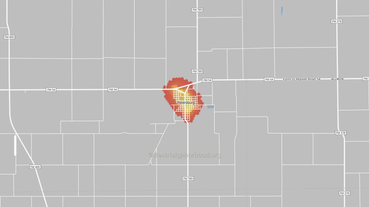 Walk Grade map of 79250, TX, walkable areas in green and car-dependent areas in red