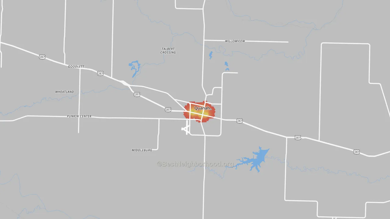 Walk Grade map of 79252, TX, walkable areas in green and car-dependent areas in red