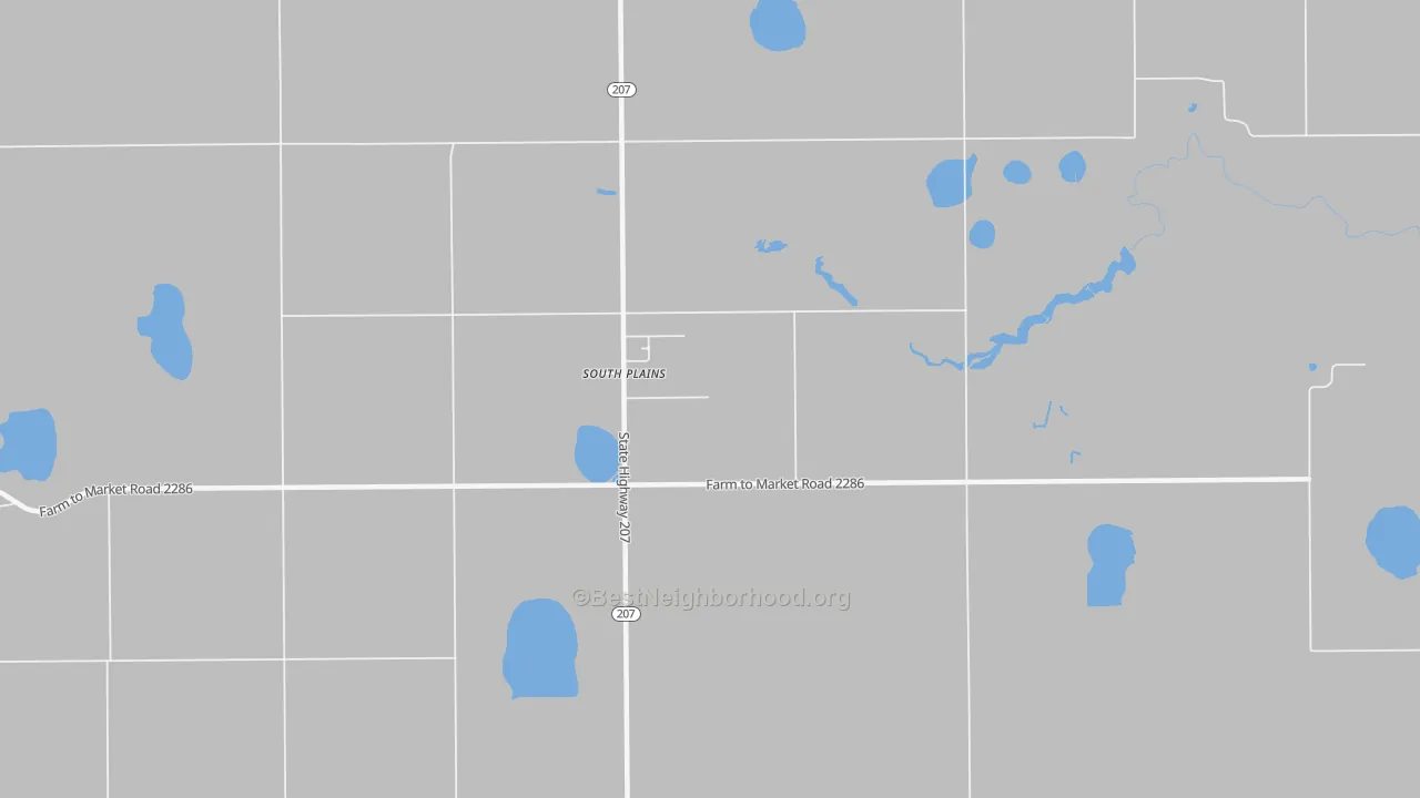 Walk Grade map of 79258, TX, walkable areas in green and car-dependent areas in red