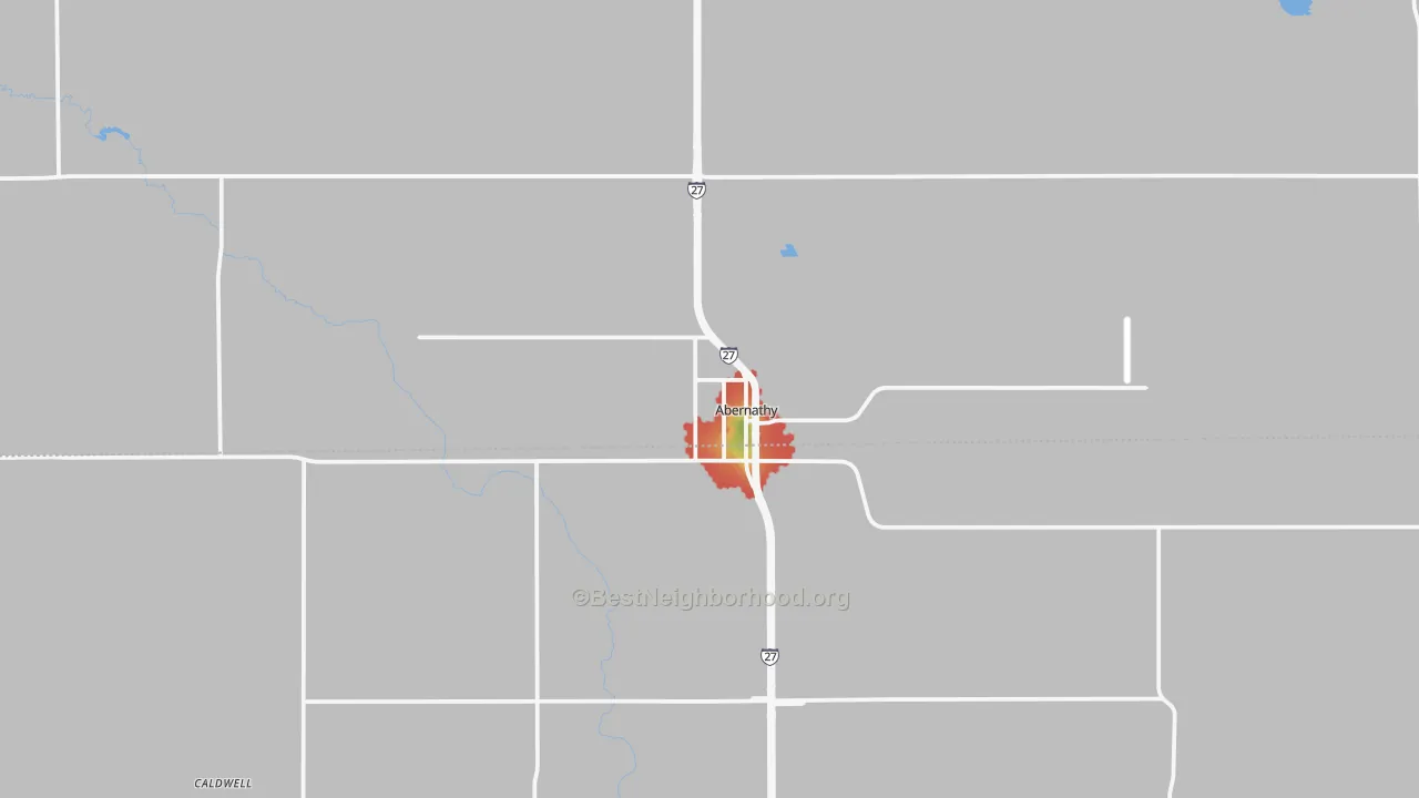 Walk Grade map of 79311, TX, walkable areas in green and car-dependent areas in red
