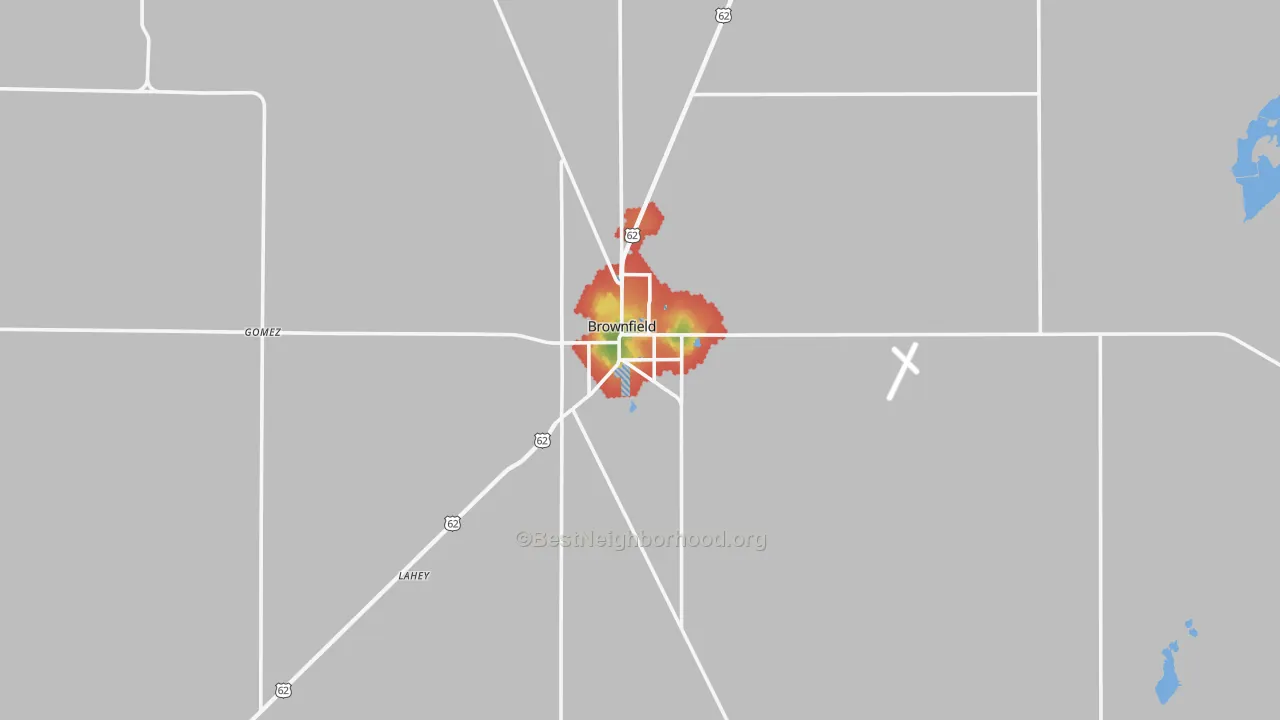Walk Grade map of 79316, TX, walkable areas in green and car-dependent areas in red