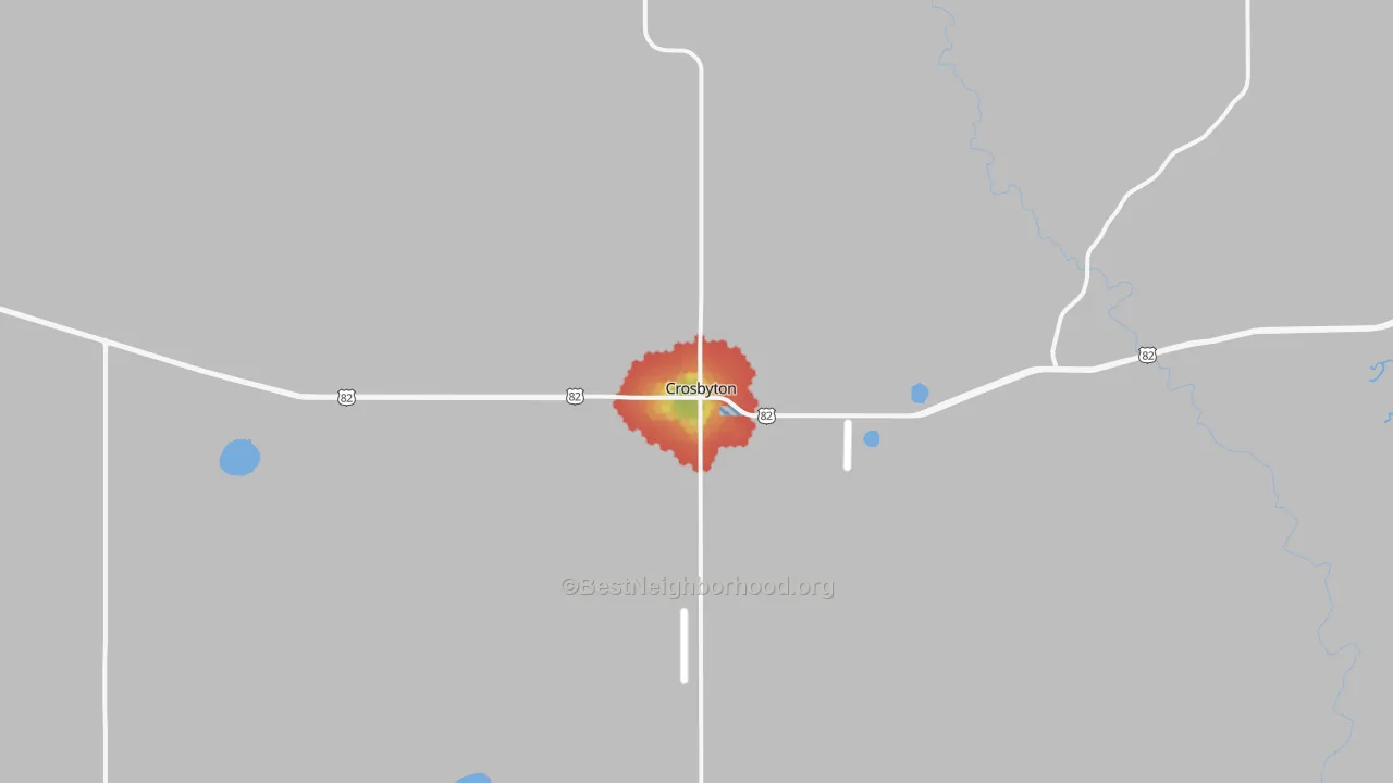 Walk Grade map of 79322, TX, walkable areas in green and car-dependent areas in red