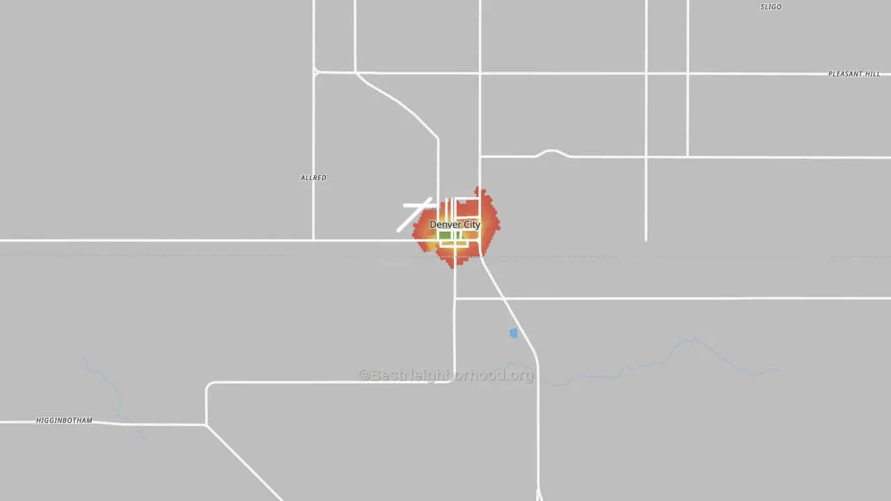 Walk Grade map of 79323, TX, walkable areas in green and car-dependent areas in red