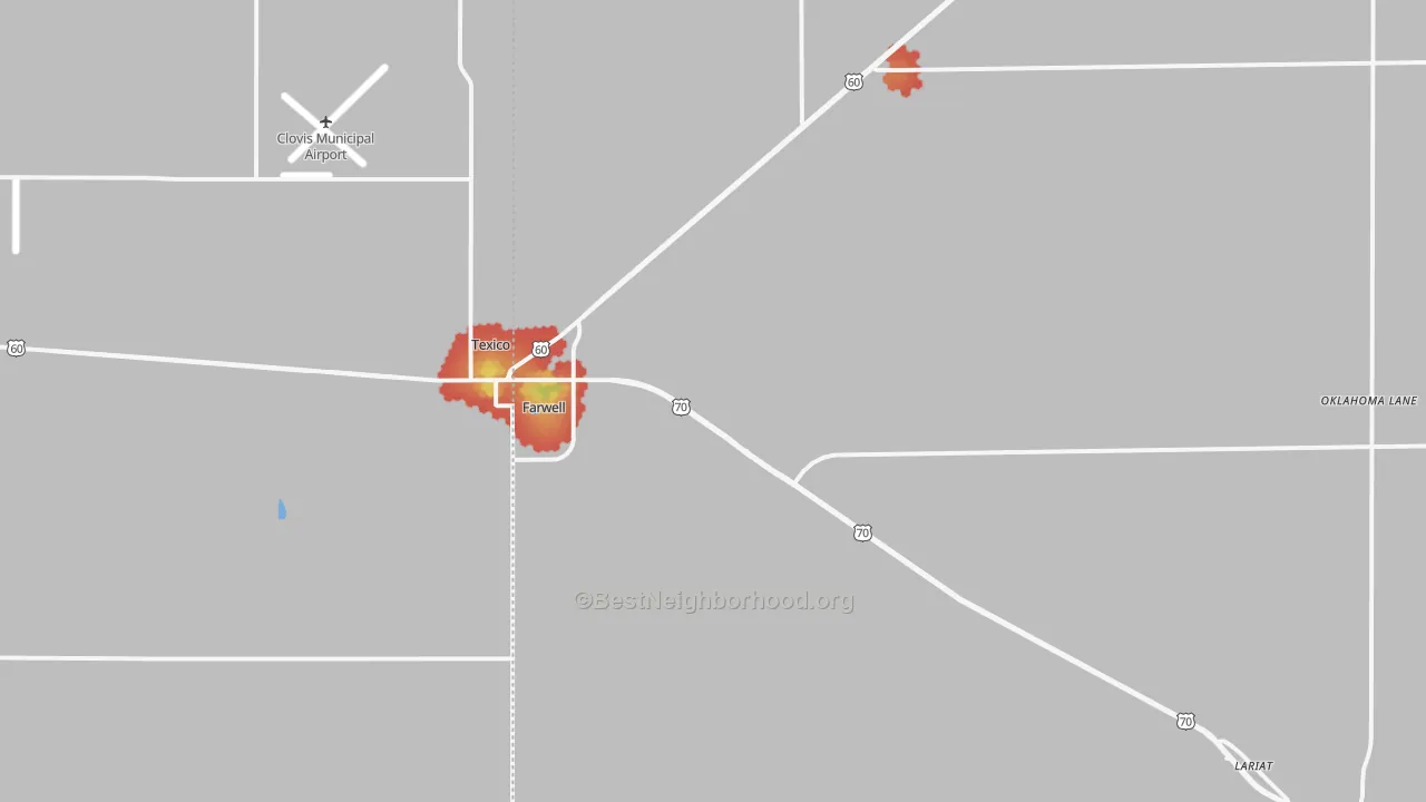 Walk Grade map of 79325, TX, walkable areas in green and car-dependent areas in red