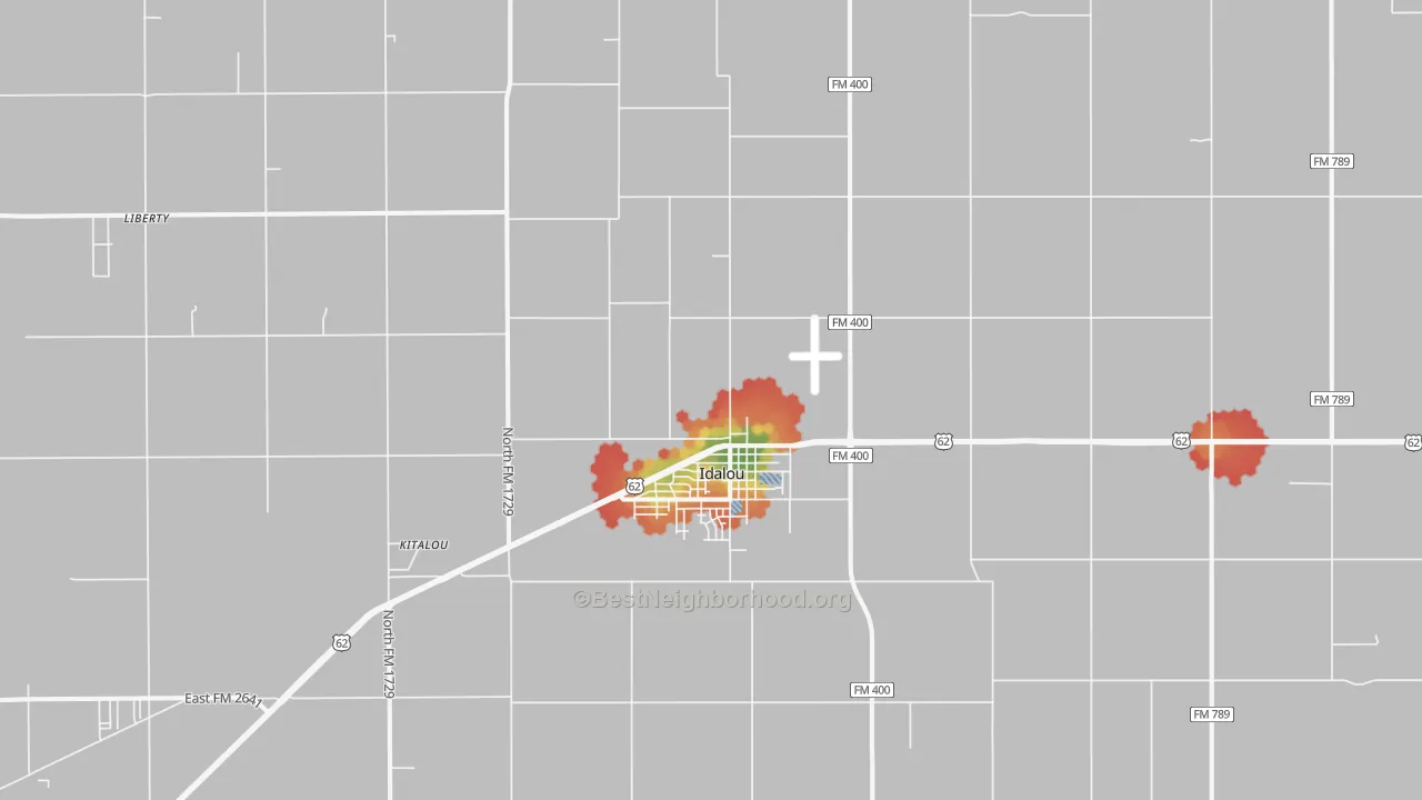 Walk Grade map of 79329, TX, walkable areas in green and car-dependent areas in red
