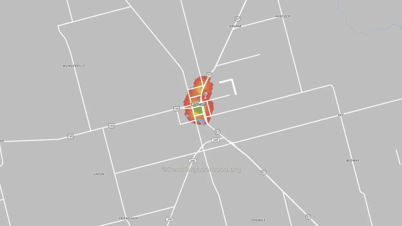 Walk Grade map of 79331, TX, walkable areas in green and car-dependent areas in red
