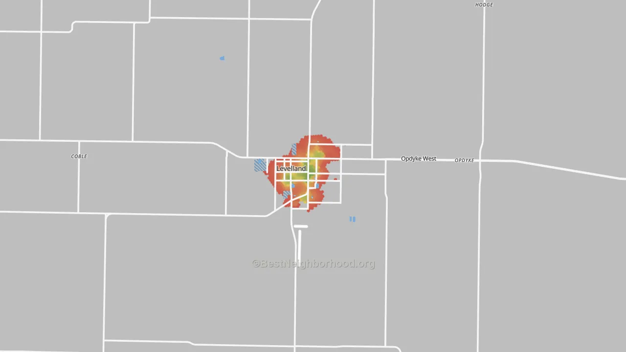 Walk Grade map of 79336, TX, walkable areas in green and car-dependent areas in red