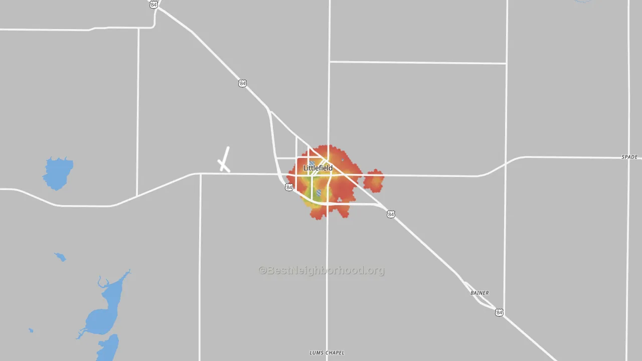 Walk Grade map of 79339, TX, walkable areas in green and car-dependent areas in red