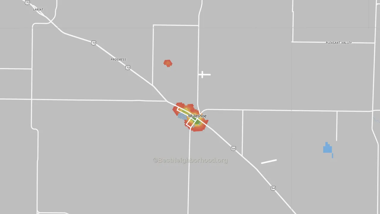 Walk Grade map of 79347, TX, walkable areas in green and car-dependent areas in red
