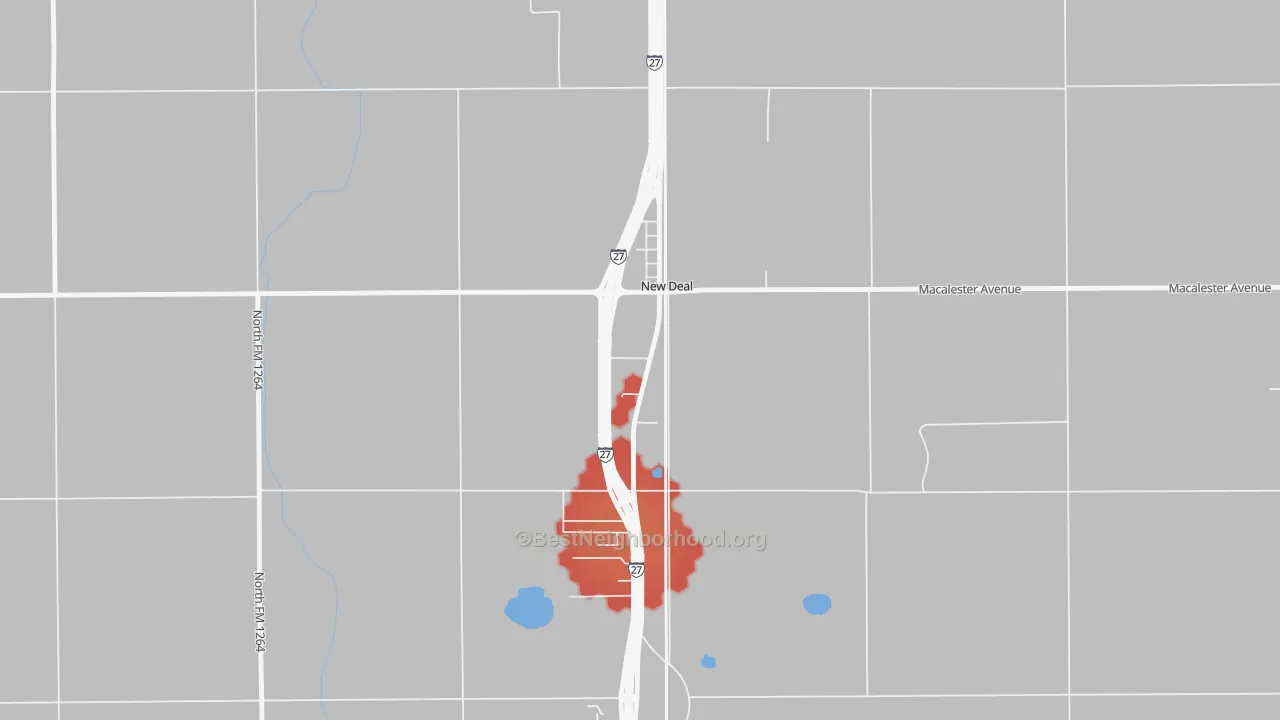 Walk Grade map of 79350, TX, walkable areas in green and car-dependent areas in red