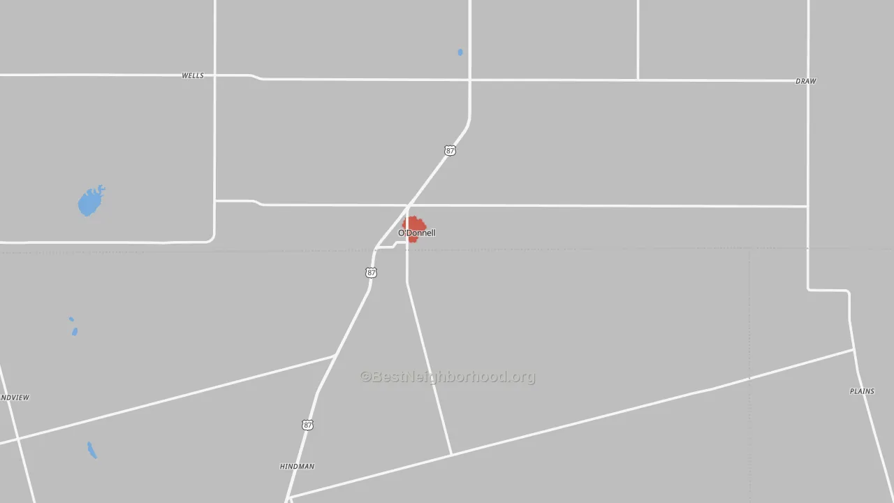Walk Grade map of 79351, TX, walkable areas in green and car-dependent areas in red