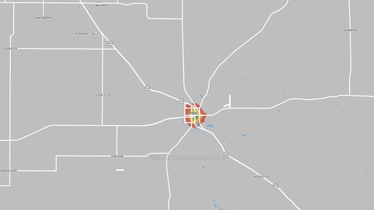 Walk Grade map of 79356, TX, walkable areas in green and car-dependent areas in red