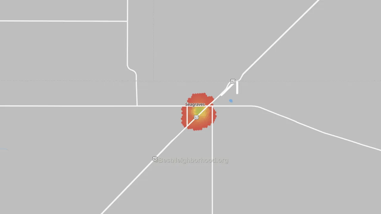 Walk Grade map of 79359, TX, walkable areas in green and car-dependent areas in red