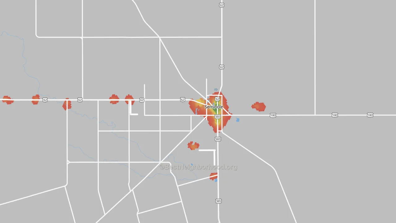 Walk Grade map of 79360, TX, walkable areas in green and car-dependent areas in red