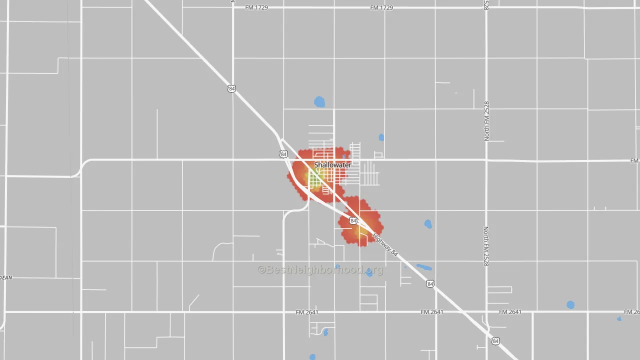Walk Grade map of 79363, TX, walkable areas in green and car-dependent areas in red