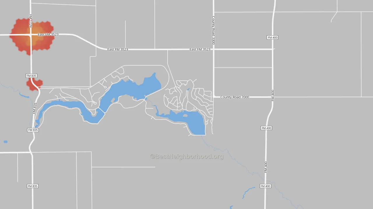 Walk Grade map of 79366, TX, walkable areas in green and car-dependent areas in red