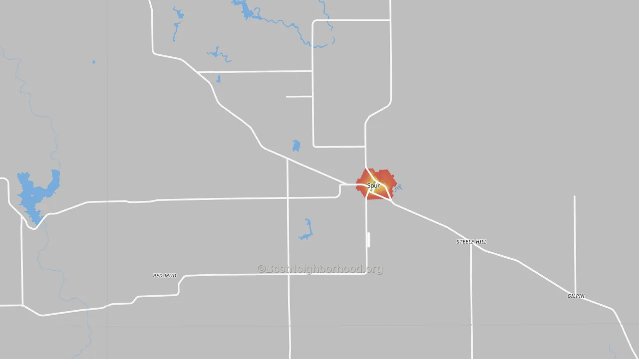 Walk Grade map of 79370, TX, walkable areas in green and car-dependent areas in red
