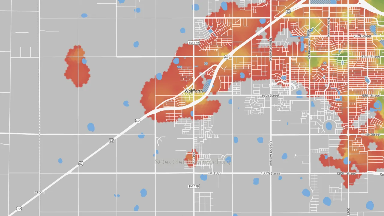 Walk Grade map of 79382, TX, walkable areas in green and car-dependent areas in red