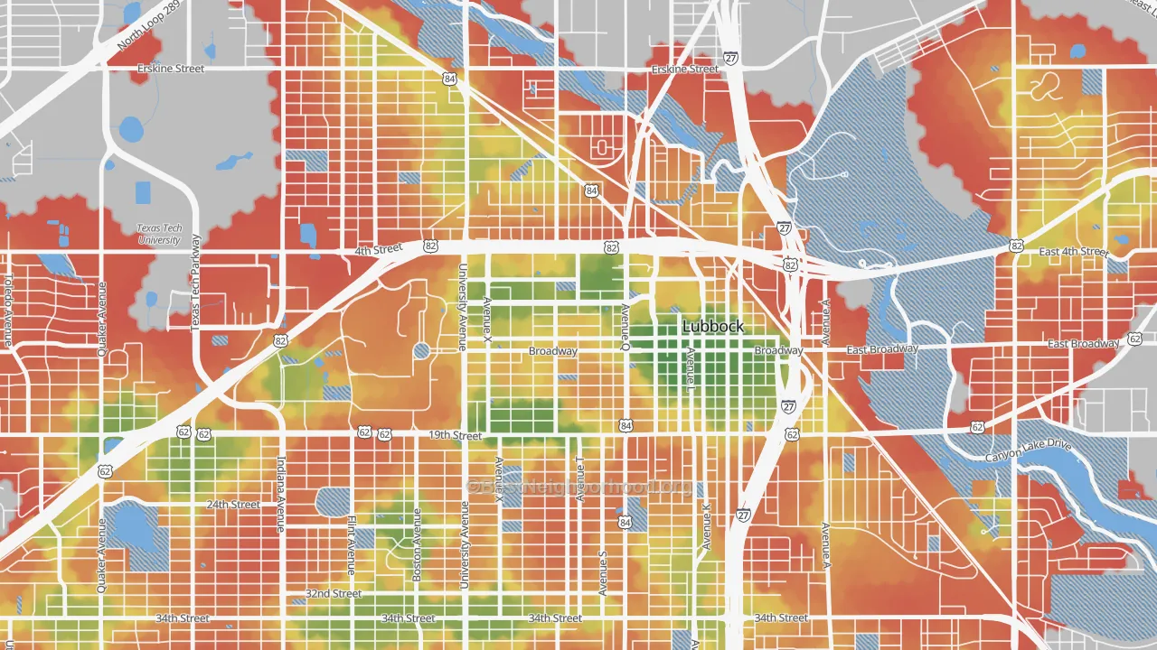 Walk Grade map of 79401, TX, walkable areas in green and car-dependent areas in red