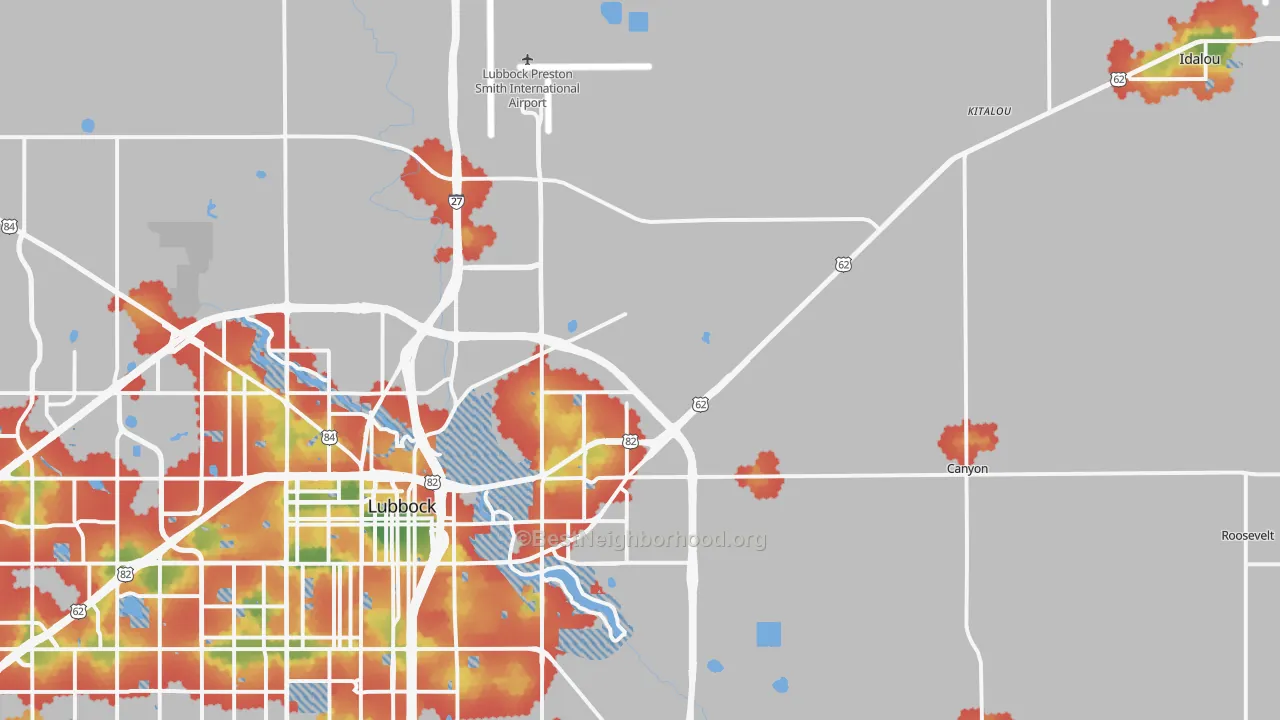 Walk Grade map of 79403, TX, walkable areas in green and car-dependent areas in red